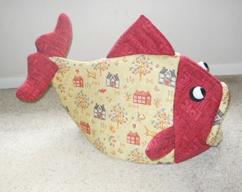 Fish Shaped Cat Bed Lancaster County Amish Print with Deep Red Head