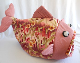 Fish Shaped Pet Bed Pink Rose Burgundy Floral with Rose Textured Head