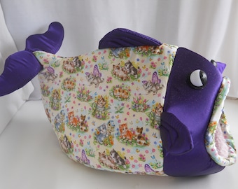 Fish Shaped Cat Bed with Kittens in various poses Fabric and Sparkly Purple Head