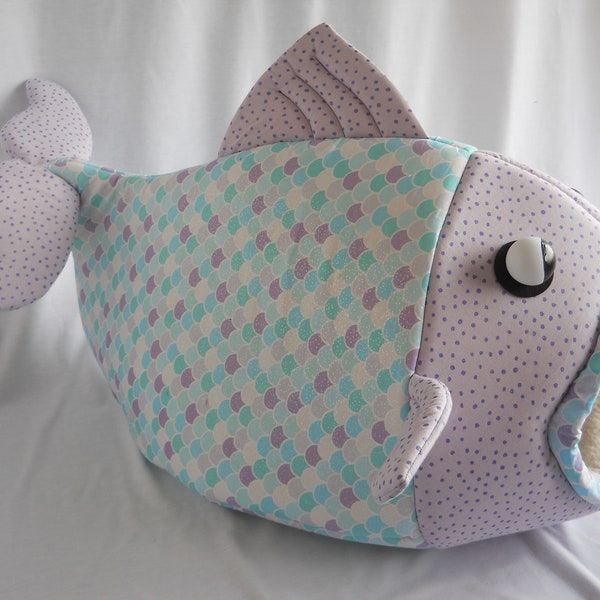 Cat Bed Fish Shaped Pet Bed Cats and Fish Scale Print with Purple Polka dotted Head