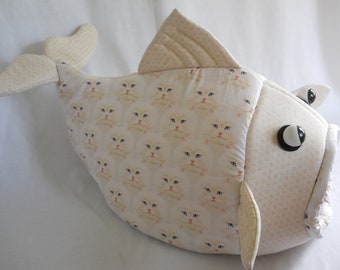 Fish Shaped Cat Bed White Cat Faces with Blue Eyes