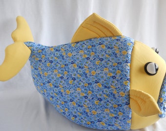 Fish Shaped Cat Bed Forget Me Nots Print with Yellow Head and Cream colored inside Pad.