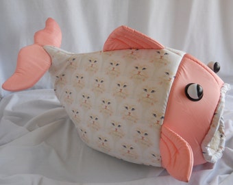 Fish Shaped Cat Bed White Cat Faces with Peach Head and Fins