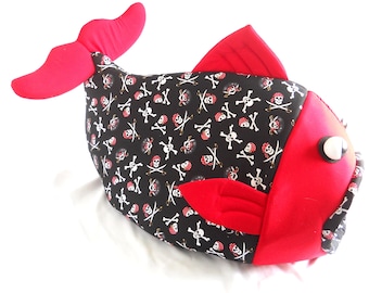 Cat Bed Fish Shaped Pirate Fabric with Red Head