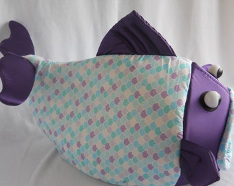 Fish Shaped Cat Bed with Blue Teal Scales and Dark Purple Head