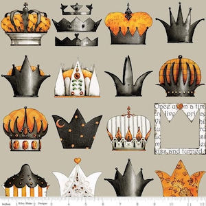 May include: A digital print fabric featuring a repeating pattern of various crowns in black, orange, and white. The crowns are in different styles and sizes, and some have a star or crescent moon on top. The background is a light beige color. The fabric is printed with the text "Once upon a time..." in black.