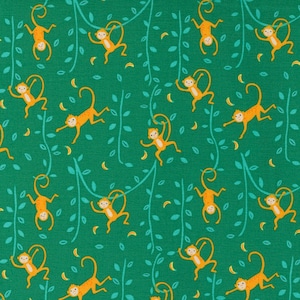 May include: A green fabric with a repeating pattern of orange monkeys swinging from vines. The monkeys are cartoon-like and have long tails. The background is a solid green with small white leaves.