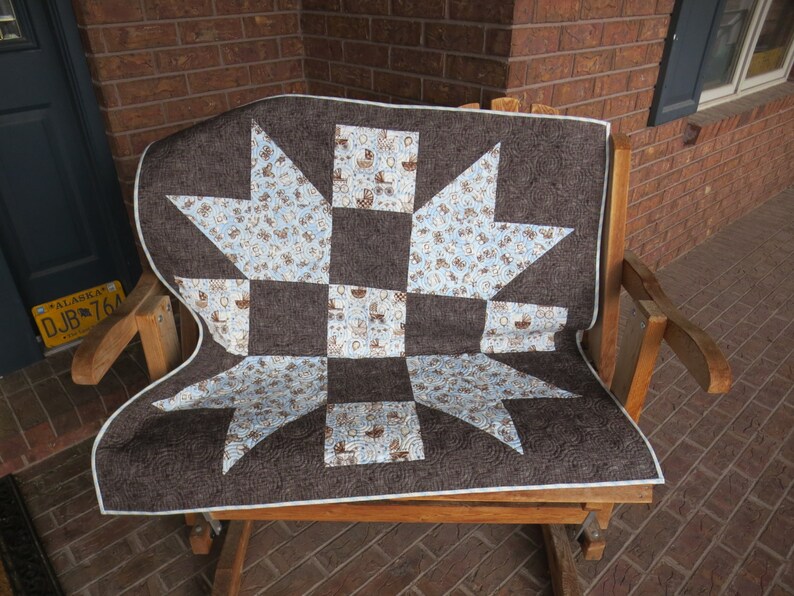 Homemade Pale Blue And Brown Baby Quilt