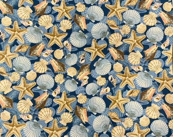 Timeless Treasure - Packed Blue Seashells  and Starfish - BEACH - C8392