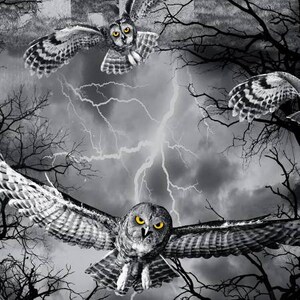 May include: A grayscale image depicts owls in flight against a stormy sky with lightning. The owls have yellow eyes and are surrounded by bare tree branches. The overall theme suggests a spooky or Halloween aesthetic.