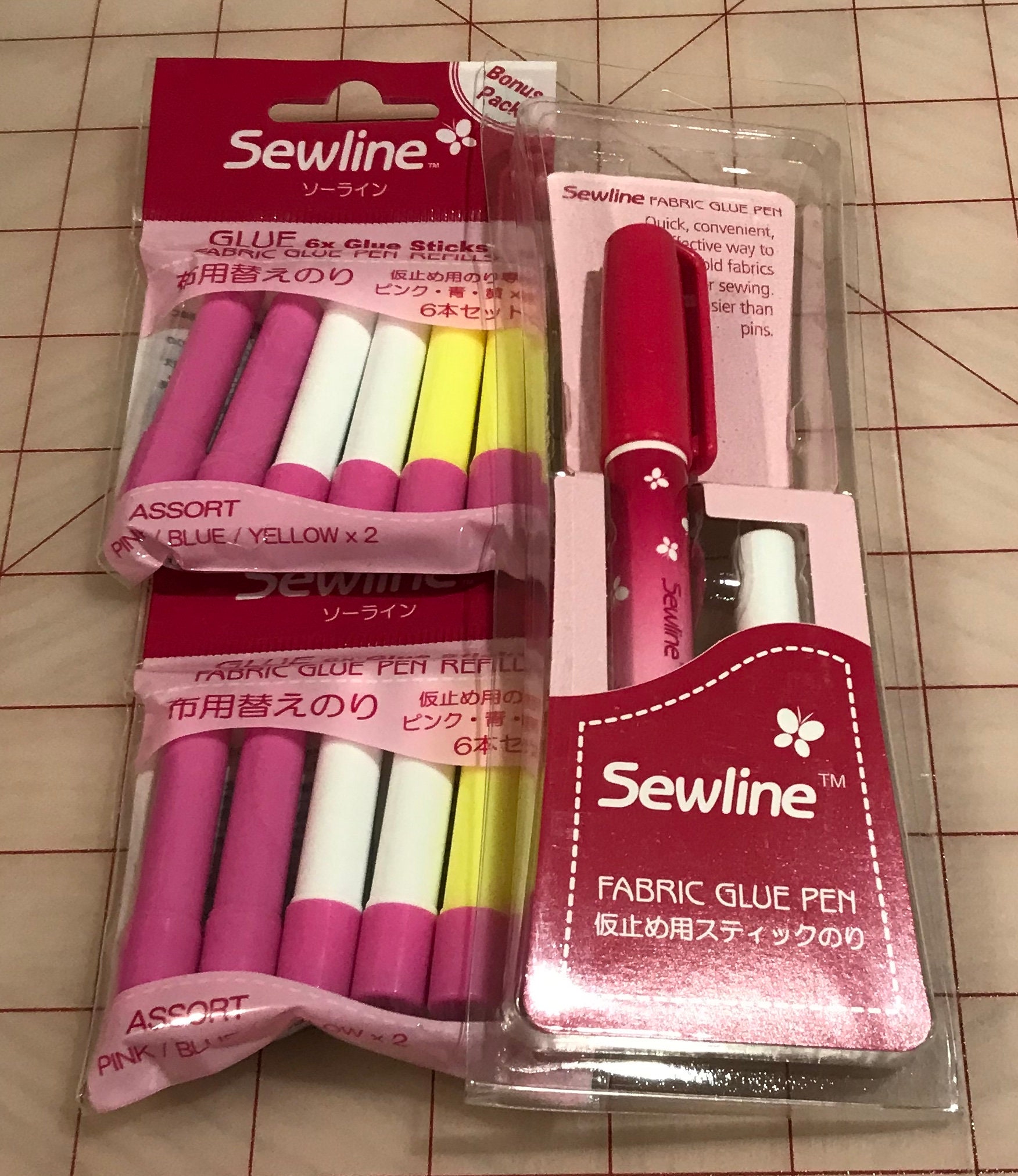 6 Bonus Pack Sewline Fabric Glue Pen Refills 2 Yellow 2 Blue 2 Pink Dries  Clear