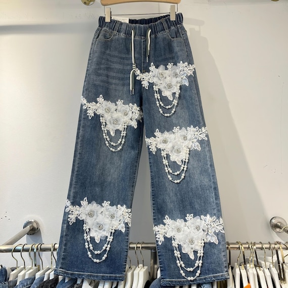 Lace Pearl 3D Flowers jeans | Y2K Retro Baggy Trousers | Low-Rise Wide-Leg Denim | Everyday women's streetwear jeans | Gifts for her