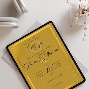 Elegante invitación de boda dorada / Plantilla de boda formal en negro y dorado / Invitación digital de lujo | Tarjeta clásica editable para ceremonia de boda