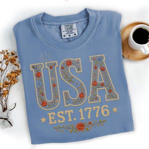 Camisa Comfort Colors® USA, para mujer, camisa de EE. UU., camisa de Estados Unidos, camisa del 4 de julio, camisa patriótica floral, camisa de EE. UU., camisa con la bandera estadounidense