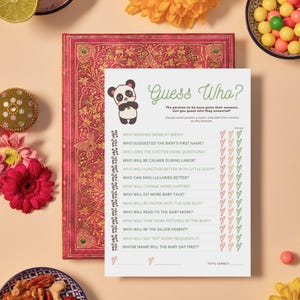 Devinez qui jeu de baby shower imprimable à télécharger avec des instructions - sur le thème des pandas (pour tous les futurs parents et types de couples)