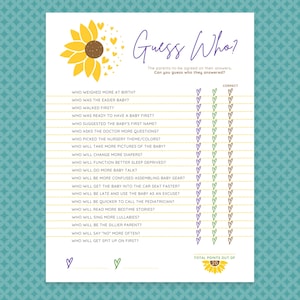 Karta do wydrukowania na Baby Shower z grą „Zgadnij kto!” do pobrania z instrukcją – motyw słonecznika (dla wszystkich przyszłych rodziców i par)