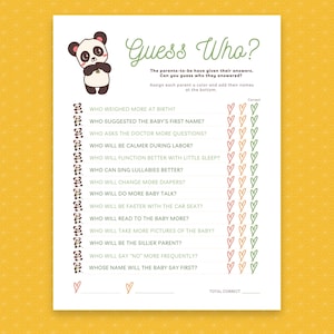 ベビーシャワーゲーム「Guess Who」の印刷可能なカード（説明書付き）ダウンロード - パンダテーマ（すべての妊婦とあらゆるカップル向け）
