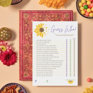 Devinez qui jeu de baby shower à télécharger avec des instructions - sur le thème du tournesol (pour tous les futurs parents et types de couples)