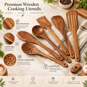 May include: A set of five brown wooden cooking utensils including a slotted spoon, a solid spoon, a flat spatula, a curved spatula, and a slotted turner. Each utensil features a visible wood grain, smooth edges, and a hole in the handle.