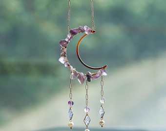 Charm de rétroviseur de voiture Crystal Moon, fleurs myosotis, décoration bohème rétroviseur nature