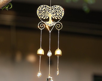 Carillon éolien curatif arbre de vie coeur, attrape-soleil coeur avec breloques myosotis, cloche douce à suspendre, cadeau pleine conscience