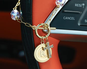Custom Initial Car Charm with Faith Cross, Pearl Crystal Decor, Minimalist Car Accessory Gift