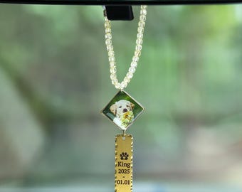 Décoration de voiture personnalisée avec photo, pendentif commémoratif pour animal de compagnie, ornement de rétroviseur gravé, décoration de rétroviseur perlée, cadeau de deuil pour chien.