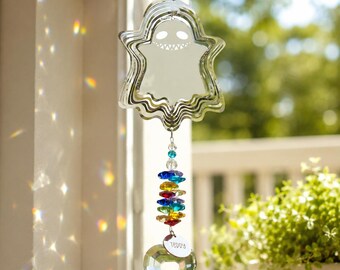 Ghost Suncatcher,Personalized Halloween Hanging Ornament,Rainbow Crystal Heart Prism,Custom Name Charm,Spooky Season Decor