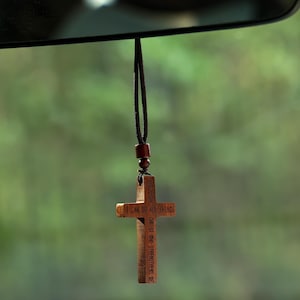 Handmade Wooden Cross Car Charm, Rearview Mirror Accessory