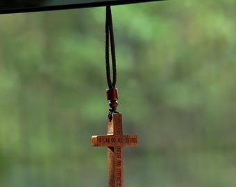 Handmade Wooden Cross Car Charm, Rearview Mirror Accessory, New Driver Gift, Faith-Inspired