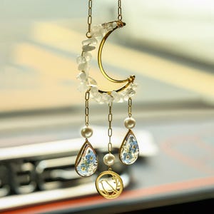 Crystal Moon Car Charm, Forget-Me-Not Dried Flowers, Bird Pendant, Handmade Rearview Mirror Charm