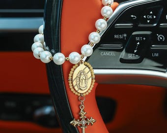 Faith Pearl Car Charm with Cross, Christian Auto Decor, Steering Wheel Charm