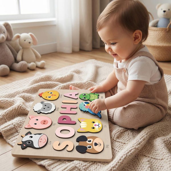 Rompecabezas de madera con nombre personalizado, tablero de rompecabezas con forma de animal para niños pequeños, juguete de aprendizaje Montessori, no tóxico, regalo de primer cumpleaños, decoración de guardería