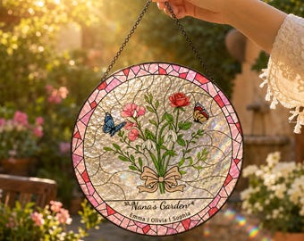 Aangepaste geboortebloem glazen zonnevanger, gepersonaliseerde oma's tuinraam hangend, familie geboortemaand bloemen cadeau voor moeder oma