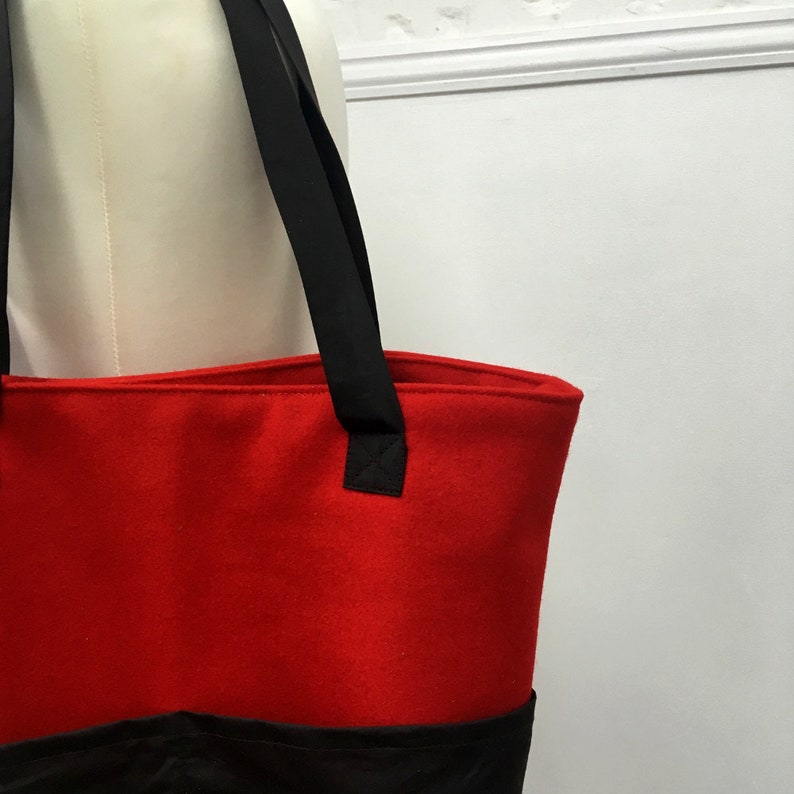 Wool and Waxed Cotton Bag Handmade Tote Bag Handbag with Pockets Red and Brown Tote Bag Gift for Her