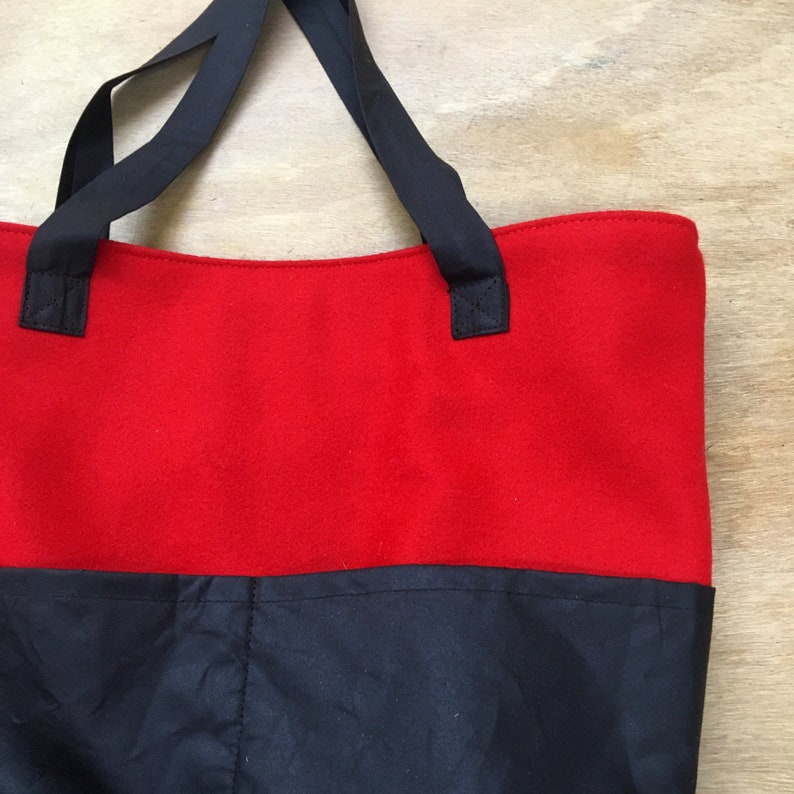 Wool and Waxed Cotton Bag Handmade Tote Bag Handbag with Pockets Red and Brown Tote Bag Gift for Her
