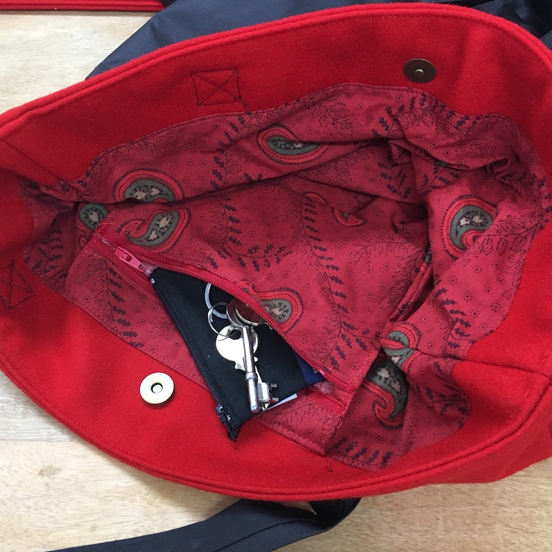 Wool and Waxed Cotton Bag Handmade Tote Bag Handbag with Pockets Red and Brown Tote Bag Gift for Her