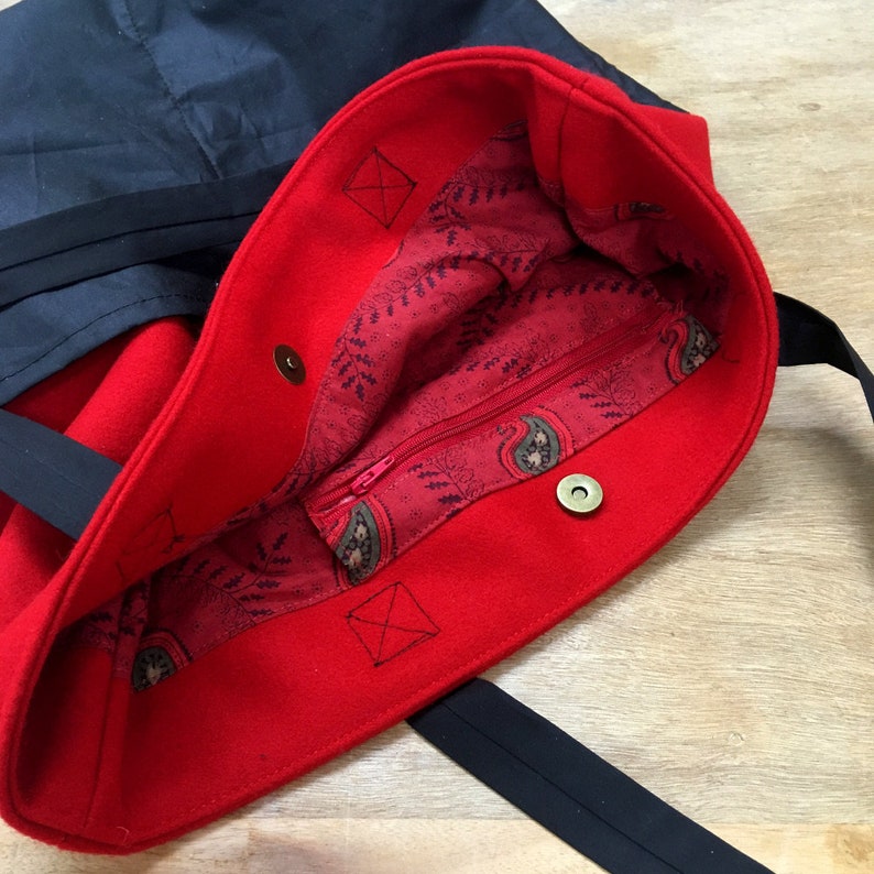 Wool and Waxed Cotton Bag Handmade Tote Bag Handbag with Pockets Red and Brown Tote Bag Gift for Her