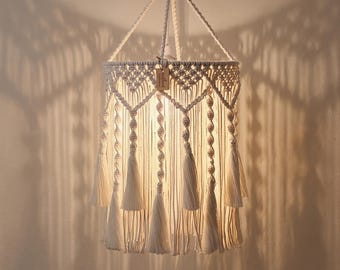 Macrame Pendant Lamp Shade, Boho Hanging Light Cover for Bedroom Dining Room, Woven Tassel Home Decor Gift