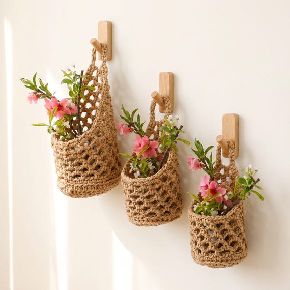 Crochet Wall Hanging Basket, Boho Storage Pouch, Woven Plant Holder, Rustic Home Decor Gift