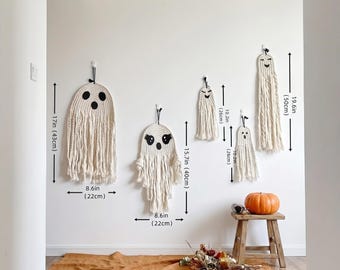 Dekoracja ścienna z motywem ducha na Halloween, dekoracja z makramy, upiorna, słodka sztuka ścienna w stylu boho na jesienną dekorację domu i prezent na Halloween
