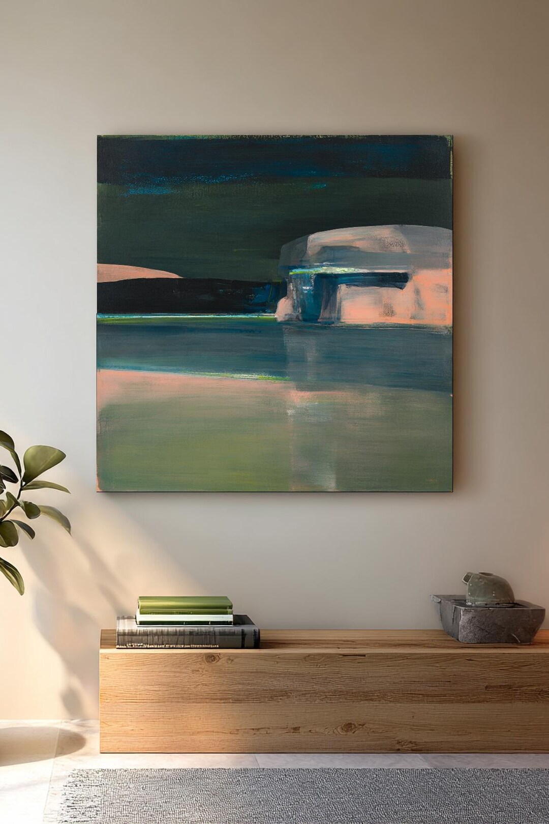 Picture of Colorful Abstract Expressionism Wall Art, Large Dark Green Peach ...