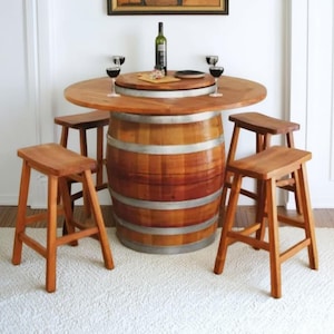 TEAK-wijnvatbar voor buiten dineren | 5-delig | Reclaimed Barrel + 4 krukken + Lazy Susan | Duurzaam hout | Premium terrasmeubilair