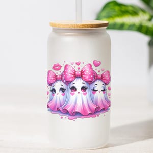 Kawaii Ghost Tumbler Pink Girly Halloween Cup with Hearts Bows 16oz Frosted Glass Cup with Lid Straw Cute Ghost Coffee Cup for Her