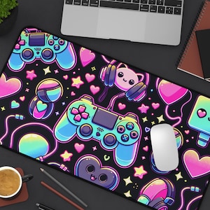 Neon Gamer Schreibtischmatte Kawaii Gaming Mauspad Niedliche Pastell Gamer Mädchen Schreibtischunterlage RGB Schreibtischdekoration Pink Gaming Geschenk