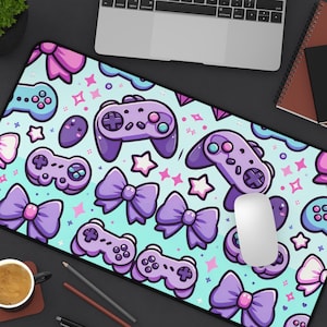 Cute Gamer Desk Mat Kawaii Pastel Mouse Pad Purple Gaame Controller Decor Gift for Gamers Girly Gaming Setup Office Aesthetic