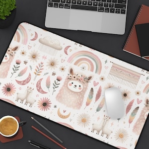 Boho Llama Desk Mat with Rainbows and Flowers Kawaii Pastel Mouse Pad Large Desk Pad for Cozy Workspaces Aesthetic Soft Girl Desk Decor