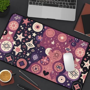 Mystical Desk Mat Witchy Starry Mouse Pad in Pink Purple Large Astrology Desk Pad for Gamers Students Spiritual Spaces Moon Magic Decor