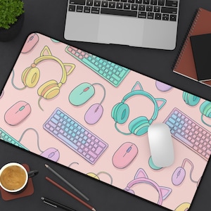 Pastel Gamer Desk Mat Kawaii Gaming Mouse Pad Cute Cat Ear Headphones Desk Pad Pink Aesthetic Office Decor Gamer Girl Gift Desk Setup