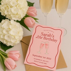 21. Geburtstagseinladung | Rosa Champagner einladen | Bearbeitbare Canva Vorlage | Sofort Download Party einladen